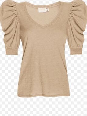 Nation Celine Puff Shoulder V neck Neutral Taupe Tee Small